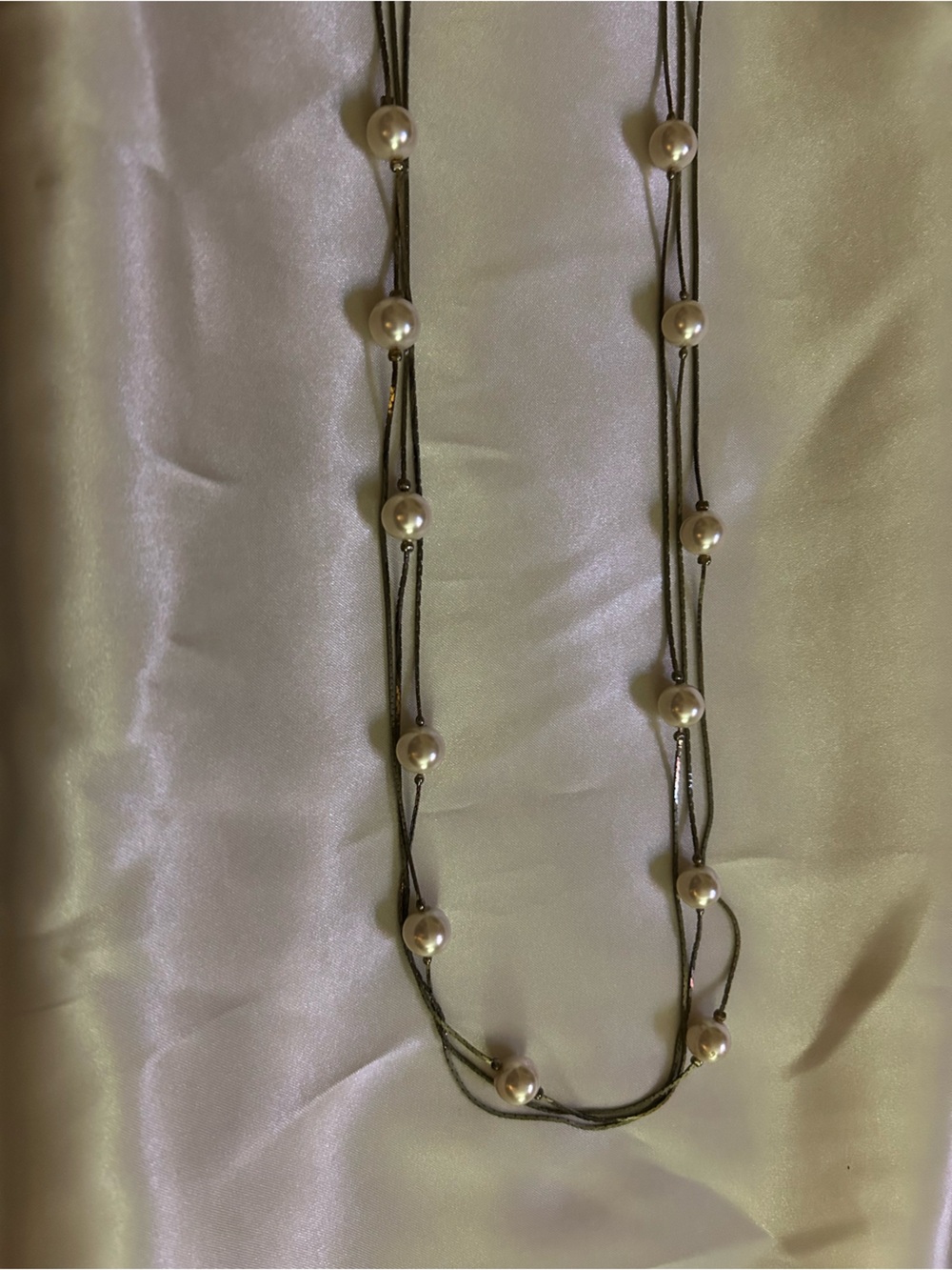 Three Strand Ivory Faux Pearl Long Necklace with Dark Metal Chain